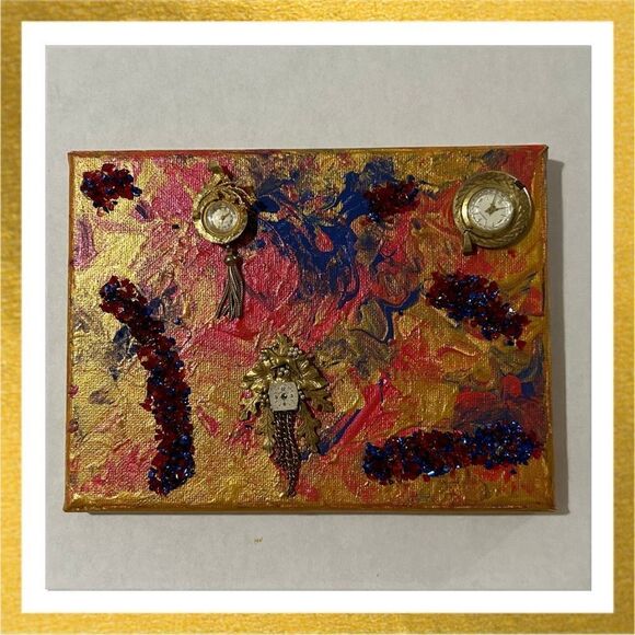 Gold Metallic Canvas WALL ART "Out of Time" Upcycle Watches Acrylic Painting 6x8 - Picture 1 of 1